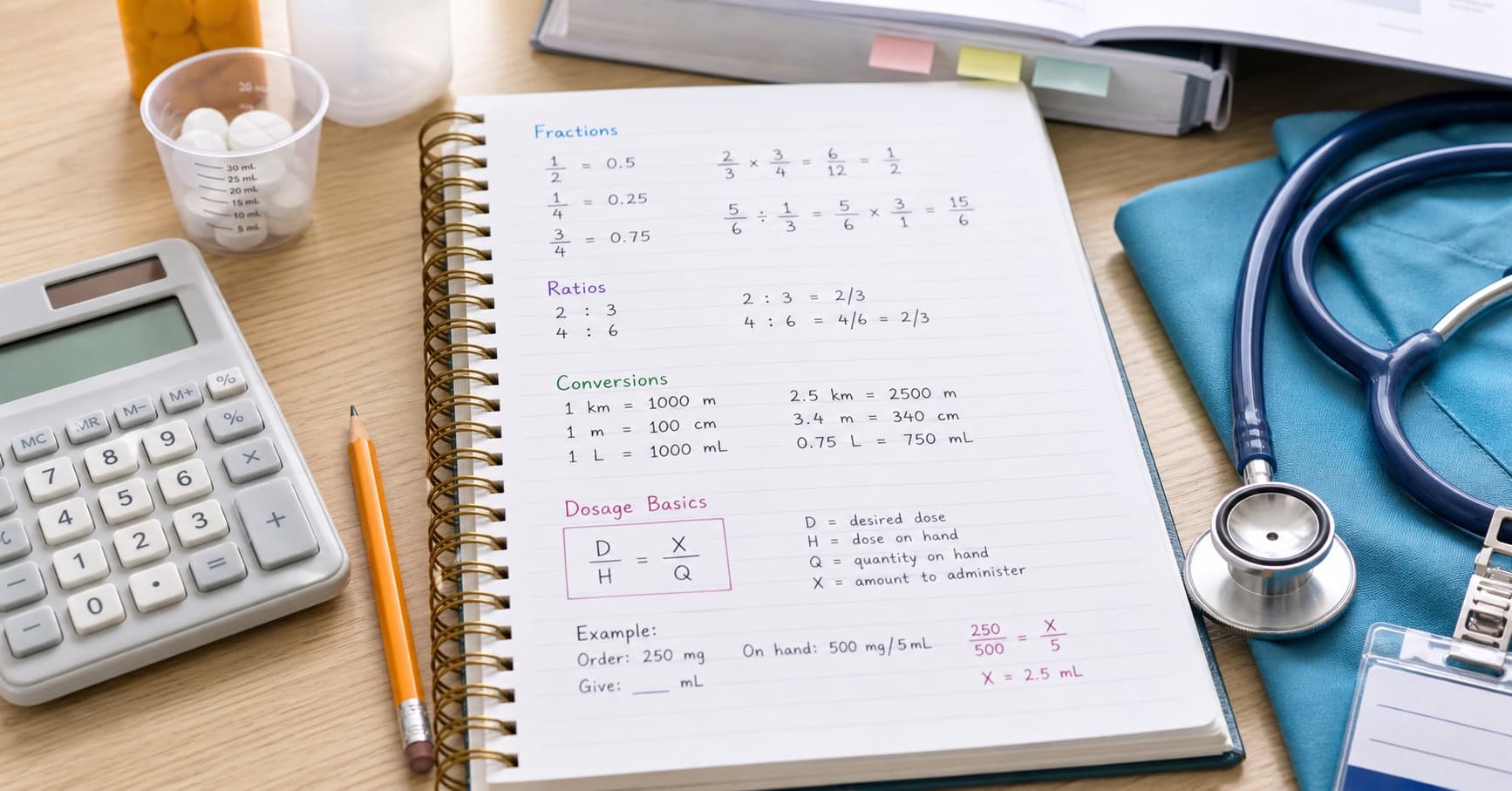 Notebook with HESI A2 math practice problems, calculator, and nursing study materials