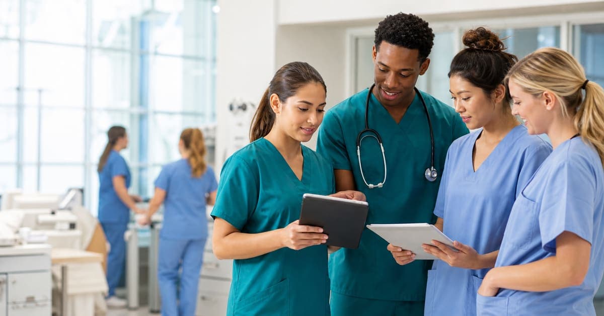 Nursing students and early-career nurses reviewing clinical notes together