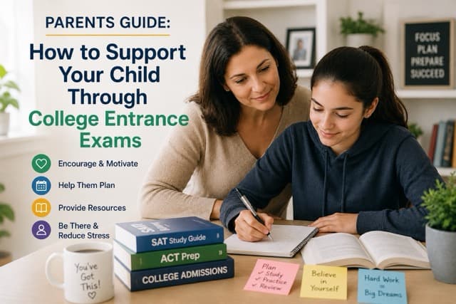 Parent sitting with teenager reviewing college entrance exam study materials