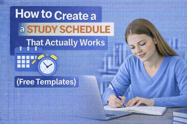 Study schedule template with planner, calendar, and study materials on a desk