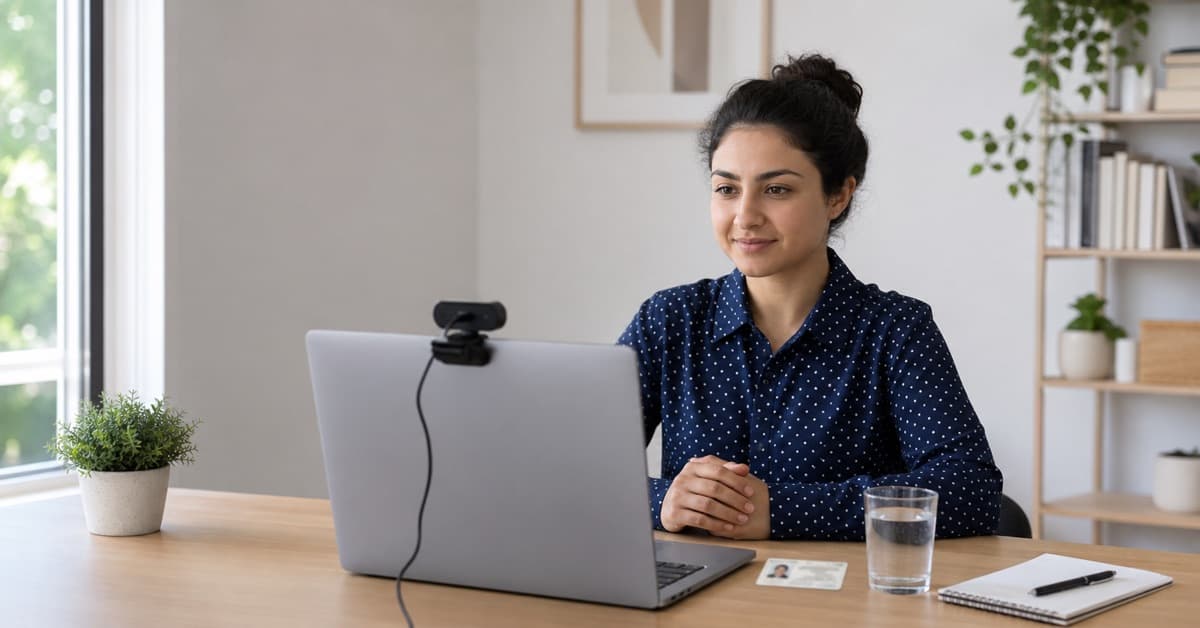 Student preparing for an online proctored exam at a clean desk