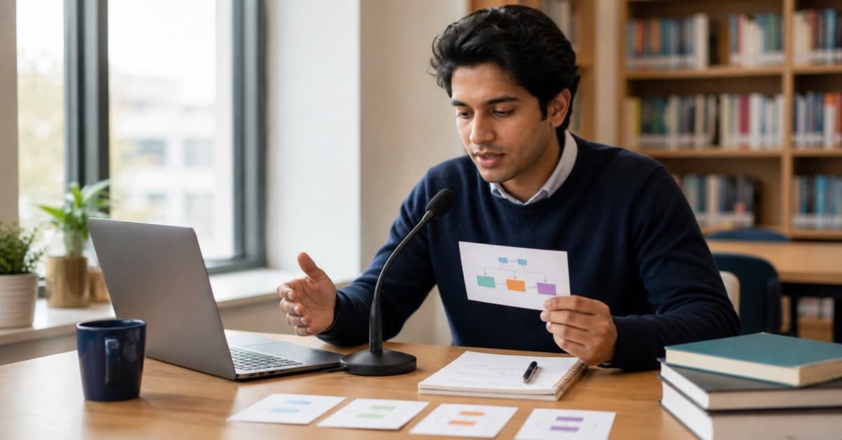 Student practicing organized TOEFL speaking responses with template cards